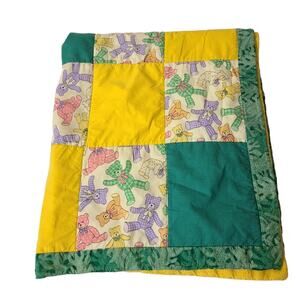 Handmade Baby Quilt Throw Yellow Green Squares Gingham Teddy Bears Gift  40x34